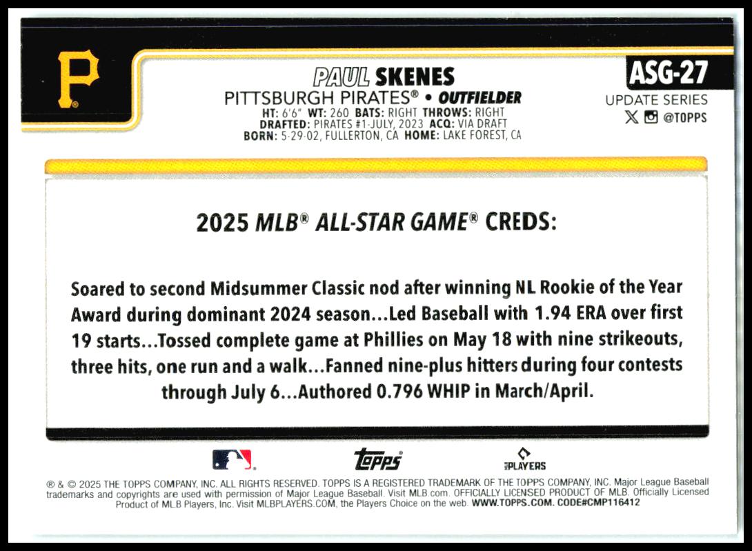 2025 Topps Update All-Star Game Foil #ASG-27 Paul Skenes Pirates