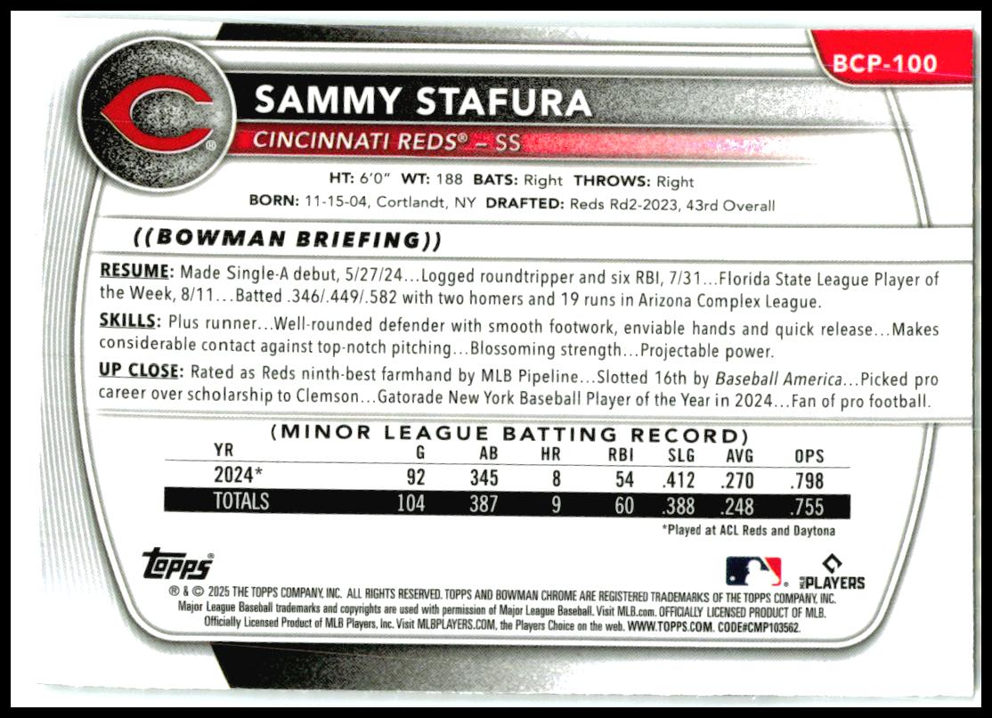2025 Bowman Chrome Prospects Mojo Refractor #BCP-100 Sammy Stafura Reds
