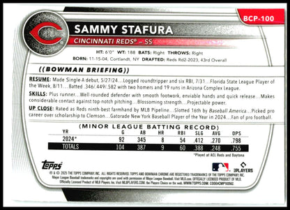 2025 Bowman Chrome Prospects Mojo Refractor #BCP-100 Sammy Stafura Reds