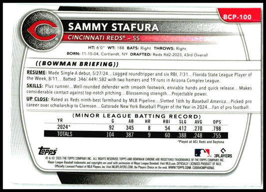 2025 Bowman Chrome Prospects Mojo Refractor #BCP-100 Sammy Stafura Reds
