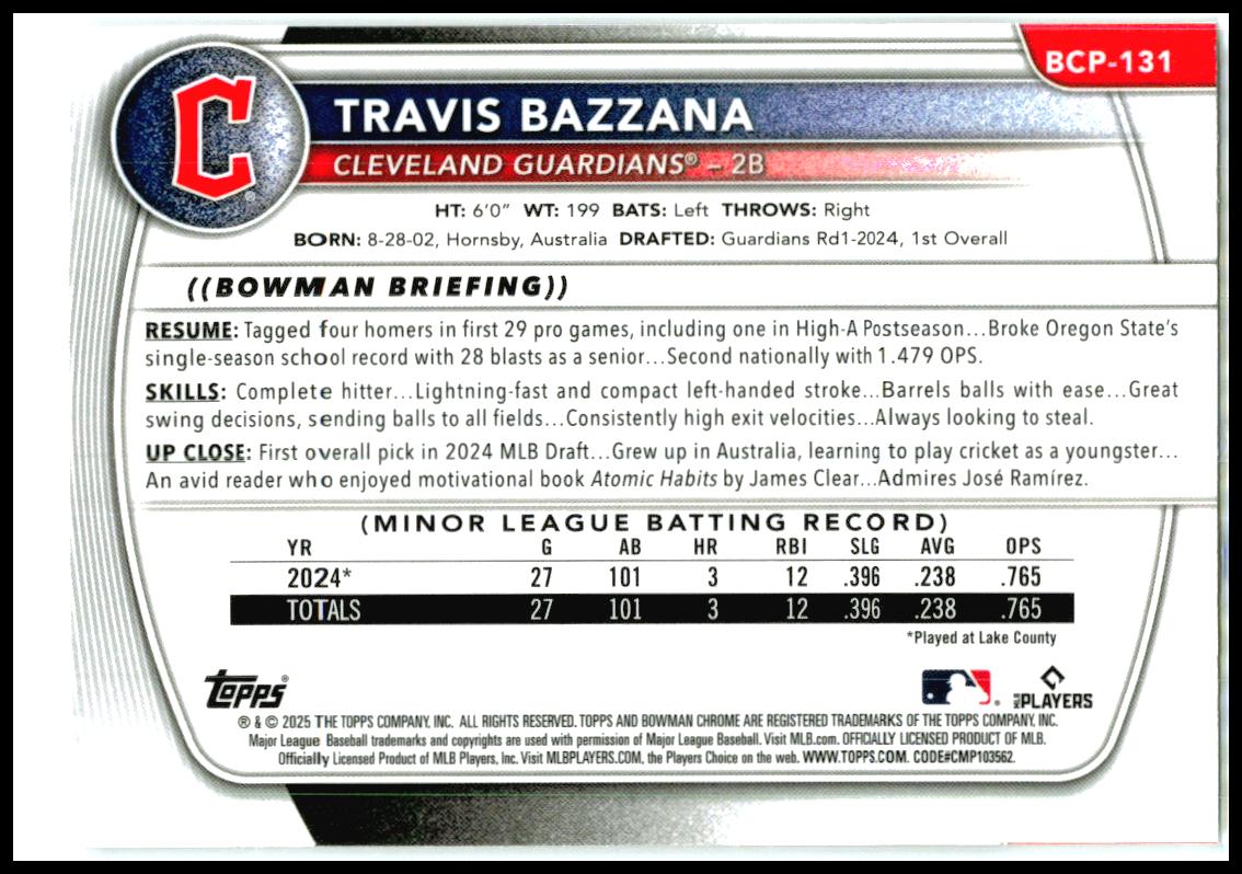 2025 Bowman Mojo Refractor #BCP-131 Travis Bazzana Cleveland Guardians
