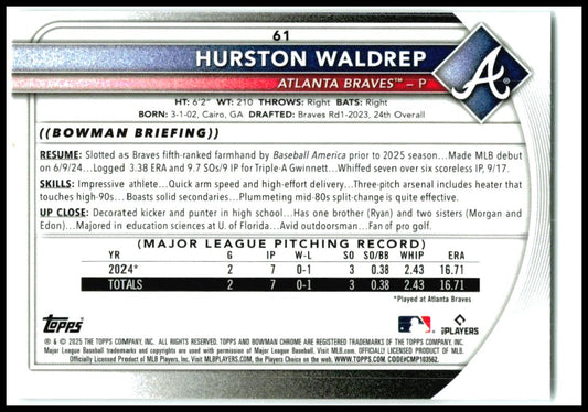 2025 Bowman Chrome Mojo Refractor #61 Hurston Waldrep Rookie Atlanta Braves
