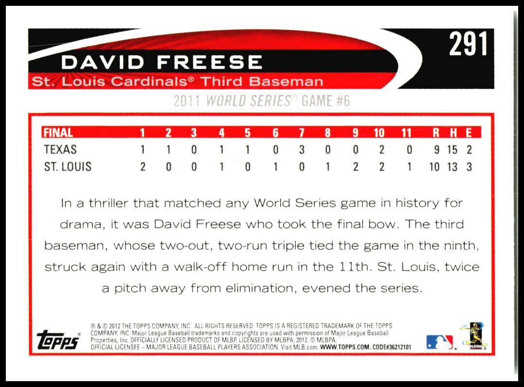 2012 Topps #291 David Freese St. Louis Cardinals