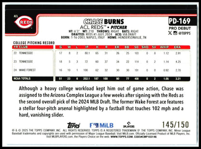2025 Topps Pro Debut Blue Foil #PD-169 Chase Burns #/150 ACL Reds