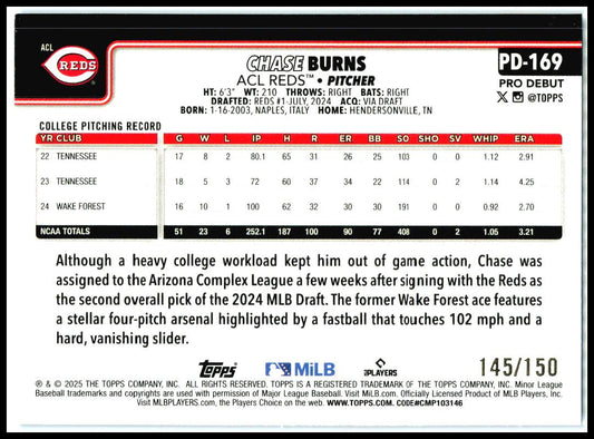2025 Topps Pro Debut Blue Foil #PD-169 Chase Burns #/150 ACL Reds