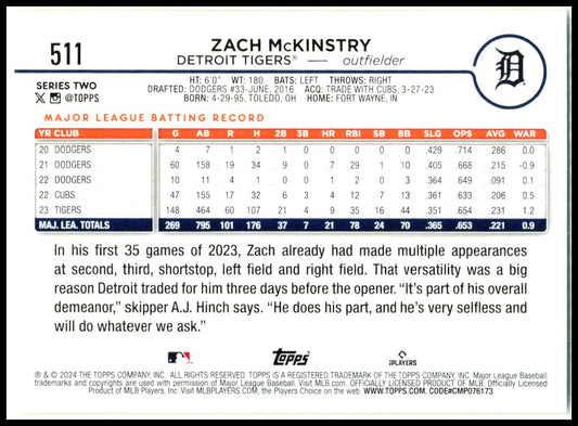 2024 Topps Yellow Foil #511 Zach McKinstry Detroit Tigers