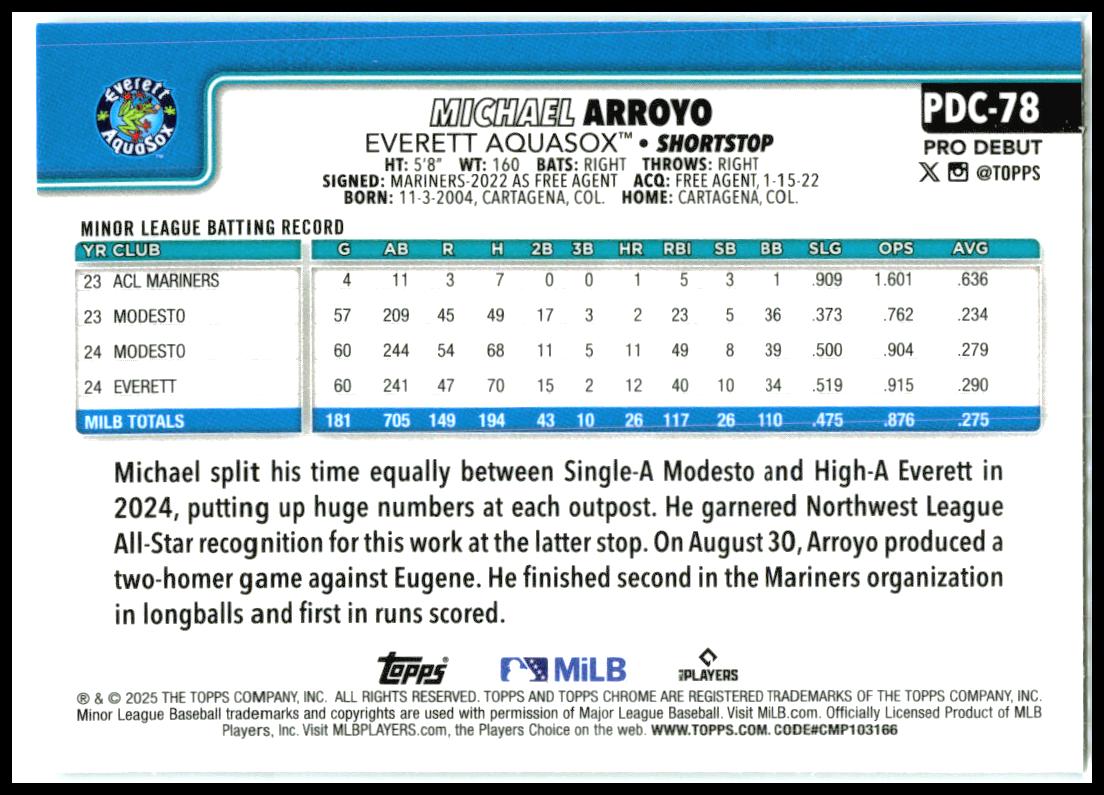 2025 Topps Pro Debut Chrome #PDC-78 Michael Arroyo