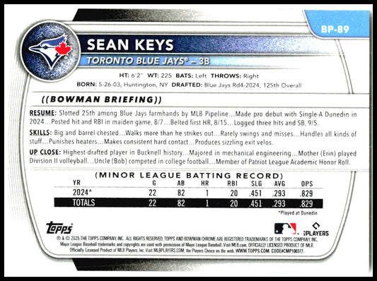 2025 Bowman Prospects #BP-89 Sean Keys Toronto Blue Jays