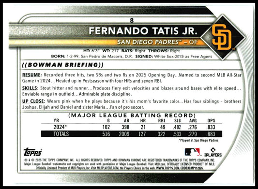 2025 Bowman Chrome #8 Fernando Tatis Jr. San Diego Padres