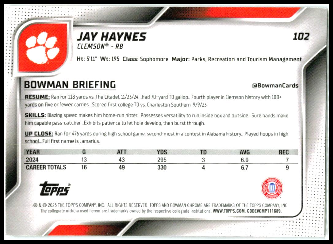 2025 Bowman University Chrome #102 Jay Haynes Clemson Tigers
