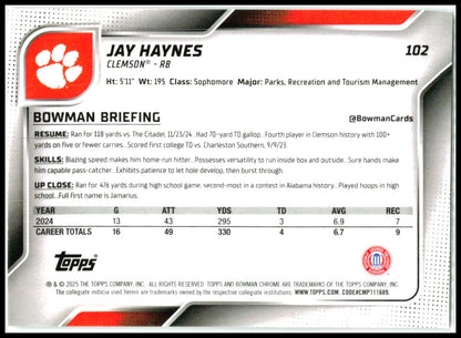 2025 Bowman University Chrome #102 Jay Haynes Clemson Tigers
