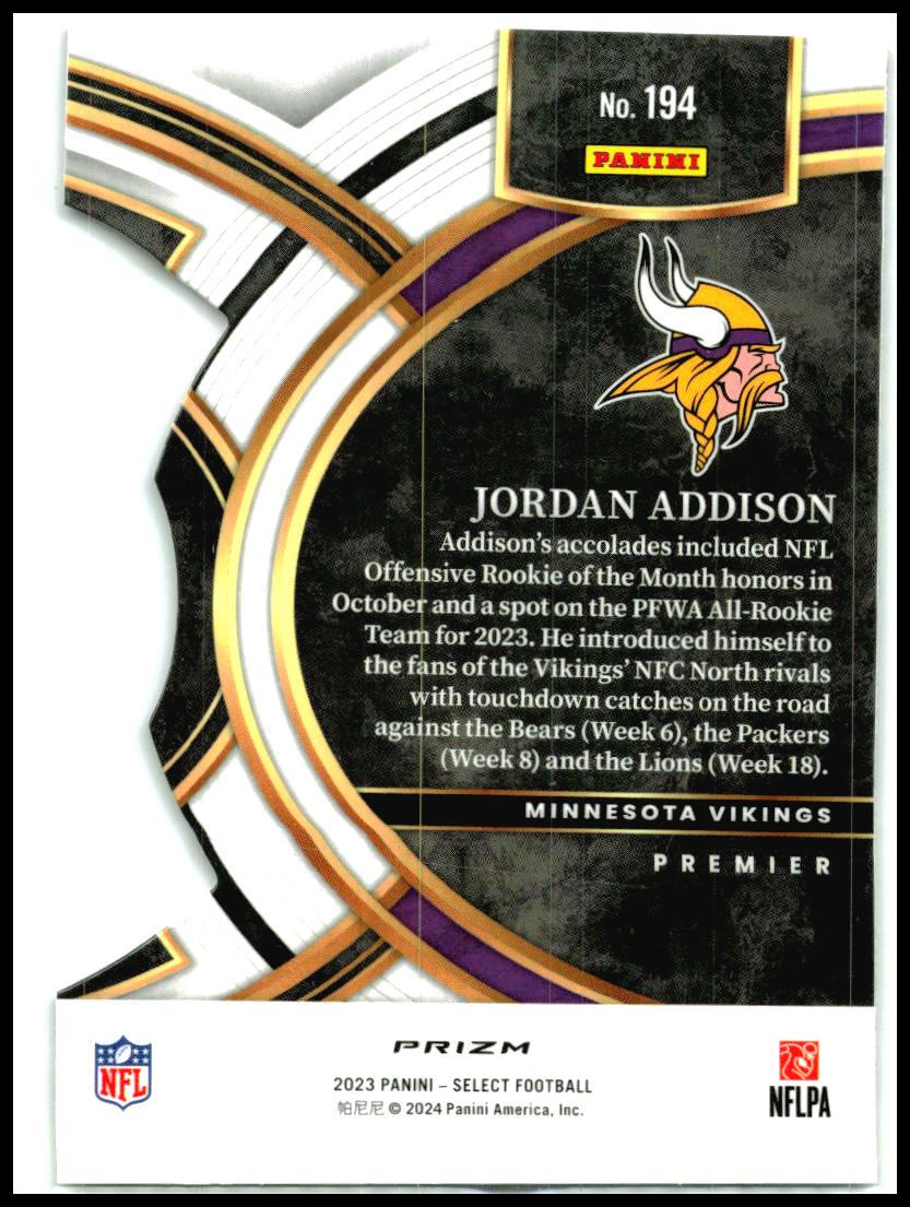 2023 Panini Select Red and Yellow Die Cuts #194 Jordan Addison Rookie Vikings