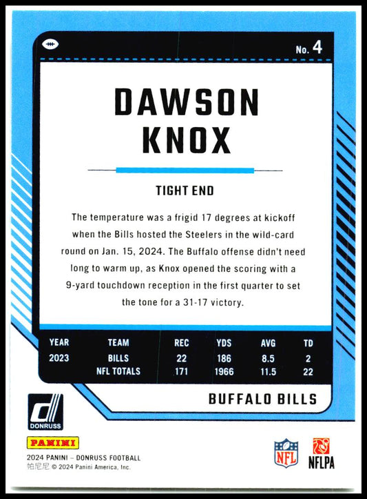 2024 Donruss #4 Dawson Knox Buffalo Bills