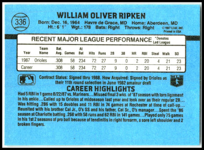 1988 Donruss #336 Billy Ripken Rookie Baltimore Orioles