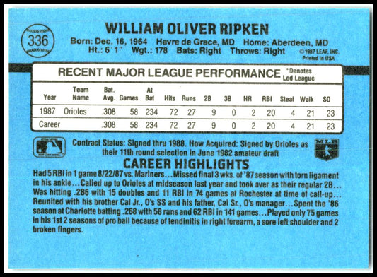 1988 Donruss #336 Billy Ripken Rookie Baltimore Orioles