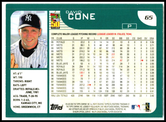 2001 Topps Limited #65 David Cone New York Yankees