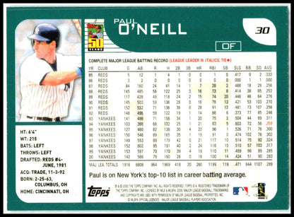 2001 Topps #30 Paul O'Neill New York Yankees