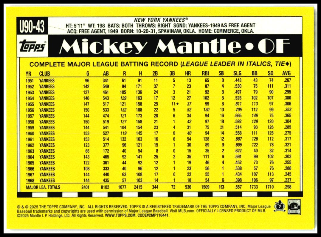 2025 Topps Update 1990 Topps 35th Anniversary #U90-43 Mickey Mantle Yankees