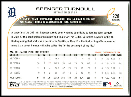 2022 Topps #228 Spencer Turnbull Detroit Tigers