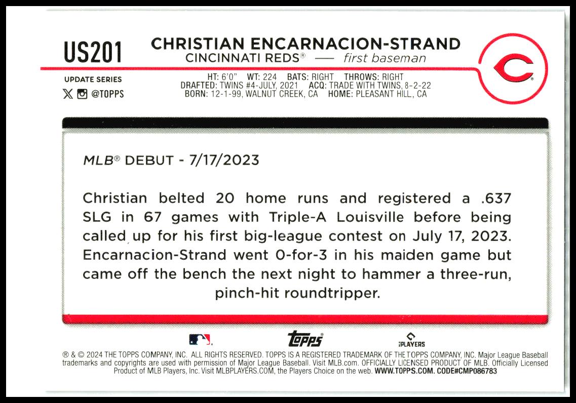 2024 Topps Update Holiday #US201 Christian Encarnacion-Strand Cincinnati Reds