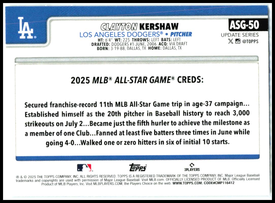 2025 Topps Update 2025 All-Star Game #ASG-50 Clayton Kershaw Los Angeles Dodgers