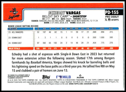 2025 Topps Pro Debut Base Autographs #PD-155 Echedry Vargas Auto Beloit Sky Carp