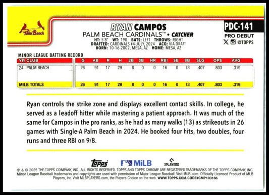 2025 Topps Pro Debut Chrome Aqua Wave Refractor #PDC-141 Ryan Campos Cardinals