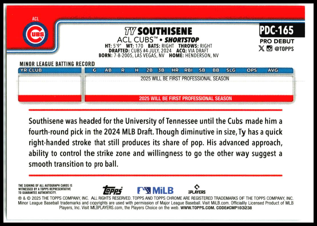2025 Topps Pro Debut Chrome Refractor #PDC-165 Ty Southisene #/199 ACL Cubs