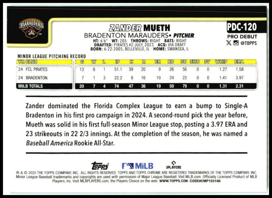 2025 Topps Pro Debut Chrome Green Refractor #PDC-120 Zander Mueth Bradenton