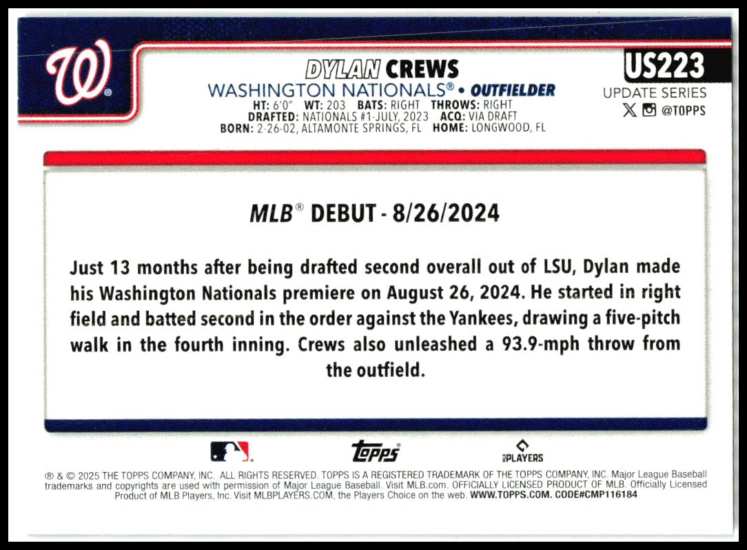 2025 Topps Update Holiday #US223 Dylan Crews Washington Nationals