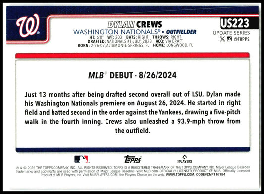 2025 Topps Update Holiday #US223 Dylan Crews Washington Nationals