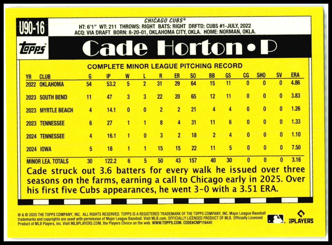 2025 Topps Update 1990 Topps Baseball 35th Anniversary #U90-16 Cade Horton Cubs