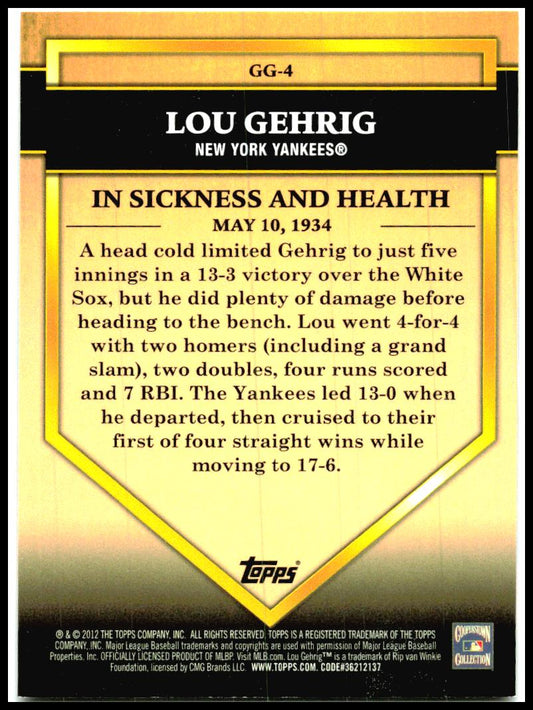 2012 Topps Golden Greats #GG-4 Lou Gehrig New York Yankees