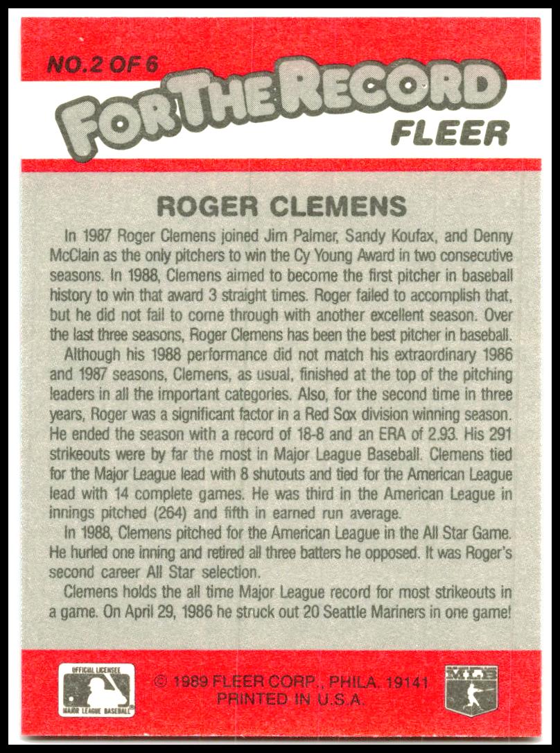1989 Fleer #2 Roger Clemens For the Record