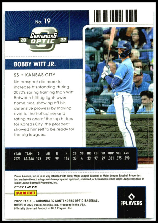 2022 Panini Chronicles #19 Bobby Witt Jr. Contenders Optic Pink Pulsar