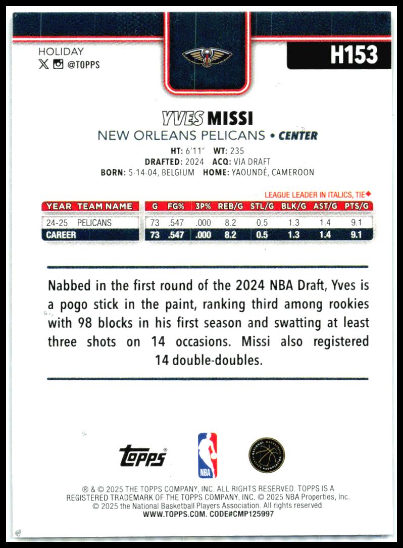 2025-26 Topps Holiday Glitter Holiday #H153 Yves Missi New Orleans Pelicans