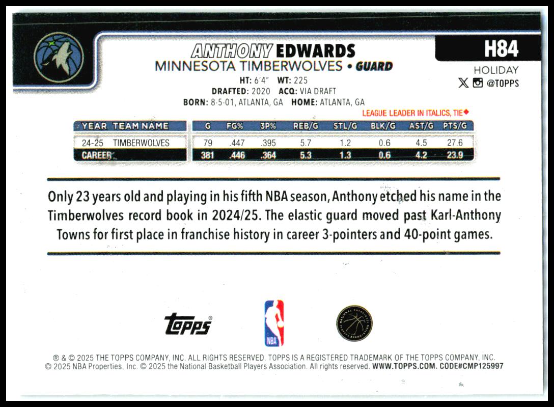 2025-26 Topps Holiday Glitter Holiday #H84 Anthony Edwards Minnesota