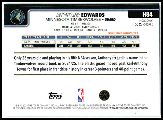 2025-26 Topps Holiday Glitter Holiday #H84 Anthony Edwards Minnesota