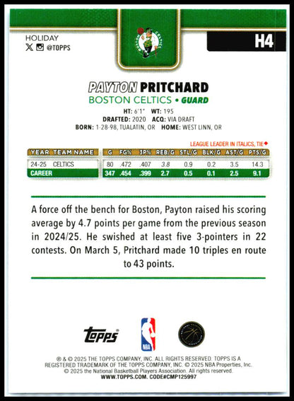 2025-26 Topps Holiday Light Blue Glitter Holiday #H4 Payton Pritchard Boston