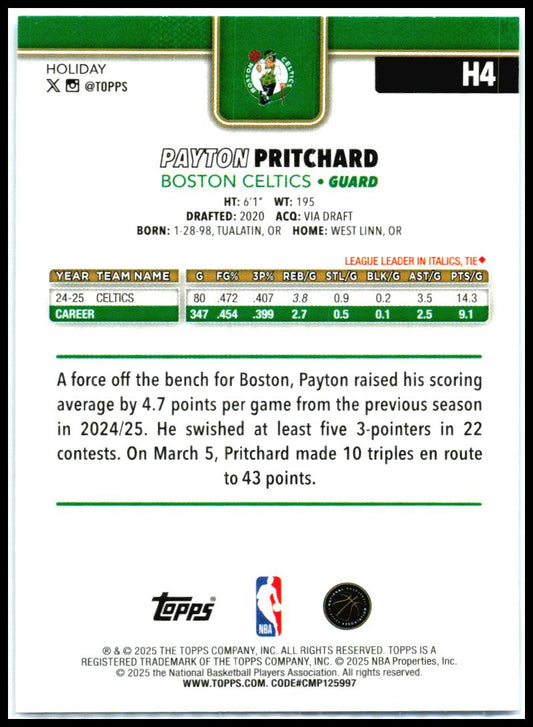 2025-26 Topps Holiday Light Blue Glitter Holiday #H4 Payton Pritchard Boston