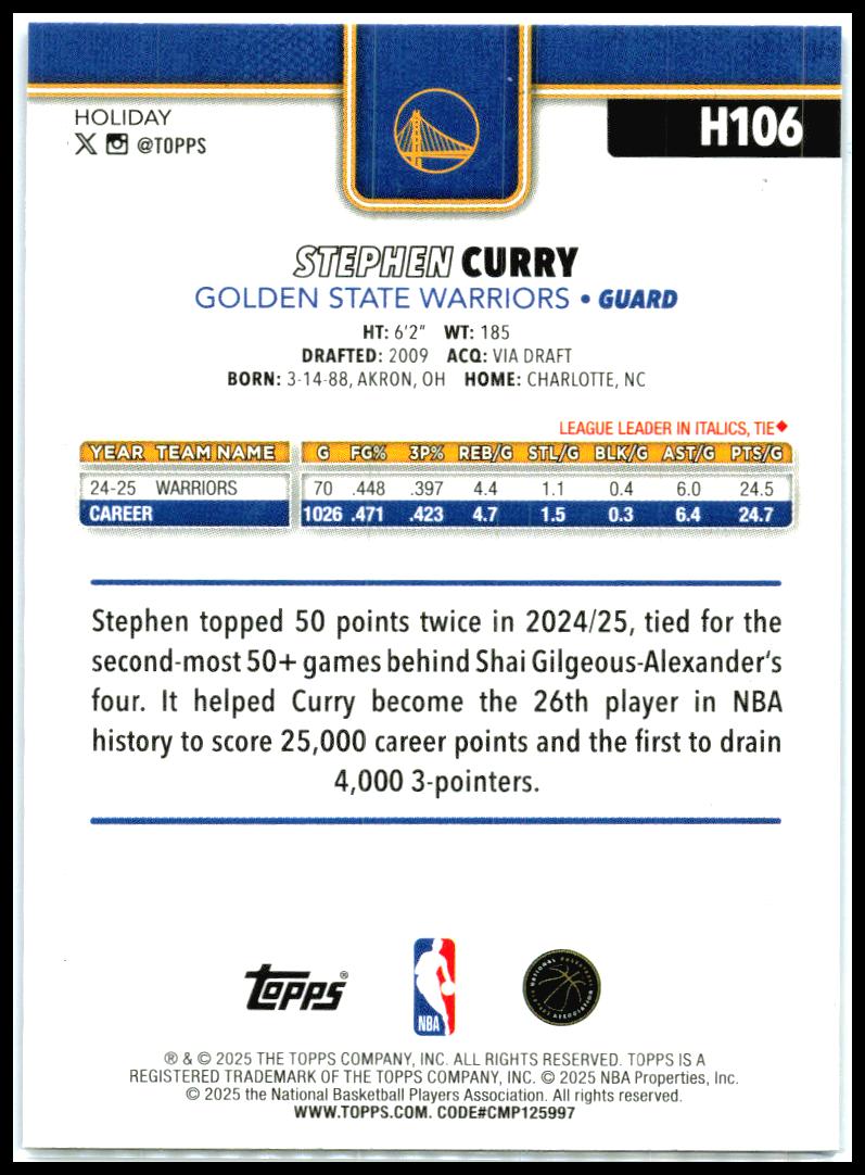 2025-26 Topps Holiday Blue Metallic Glitter Holiday #H106 Stephen Curry Warriors