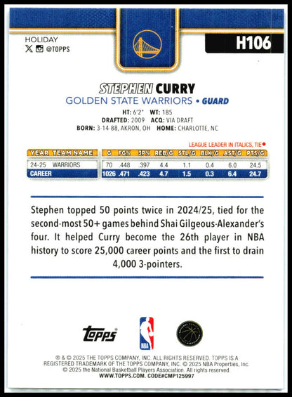 2025-26 Topps Holiday Blue Metallic Glitter Holiday #H106 Stephen Curry Warriors