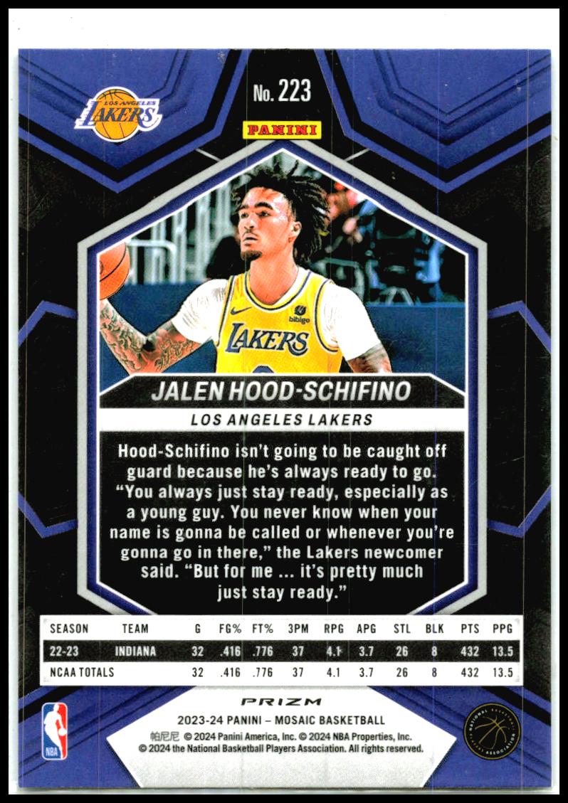 2023-24 Panini Mosaic Reactive Blue #223 Jalen Hood-Schifino Rookie Lakers