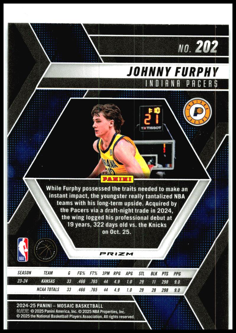 2024-25 Panini Mosaic Base Mosaic #202 Johnny Furphy Rookie Indiana Pacers