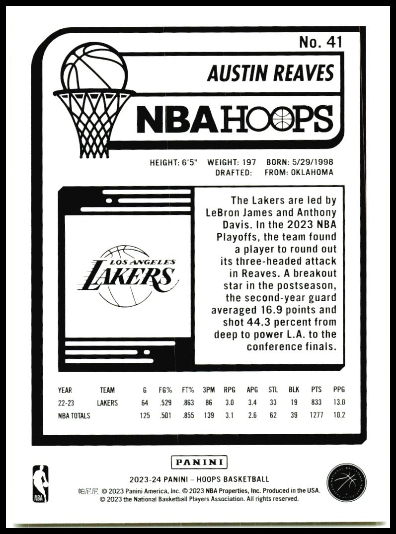 2023-24 Hoops Yellow #41 Austin Reaves Los Angeles Lakers