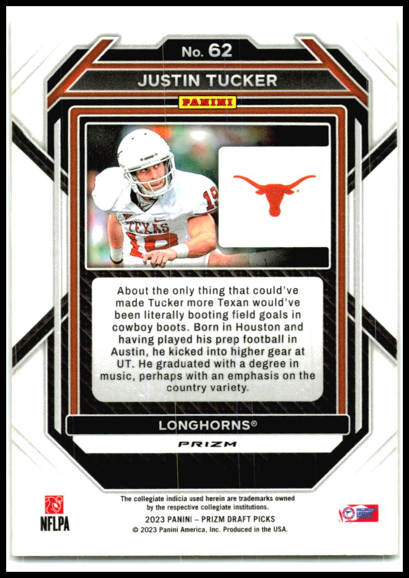 2023 Panini Prizm Draft Picks Yellow Ice #62 Justin Tucker Texas Longhorns