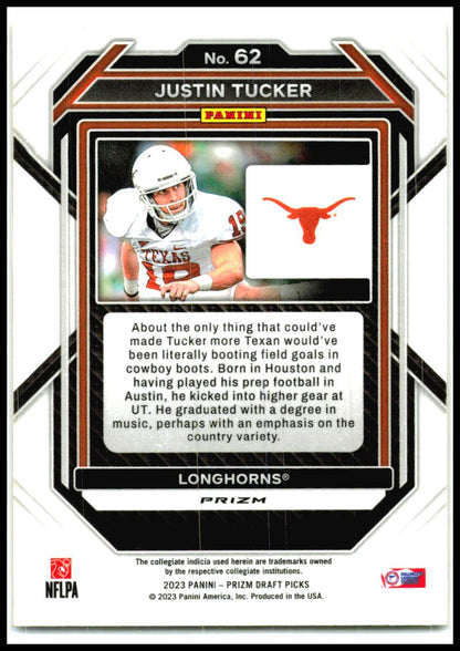 2023 Panini Prizm Draft Picks Yellow Ice #62 Justin Tucker Texas Longhorns