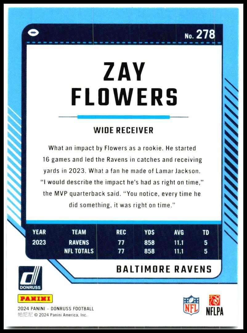 2024 Donruss Press Proof Blue #278 Zay Flowers Baltimore Ravens