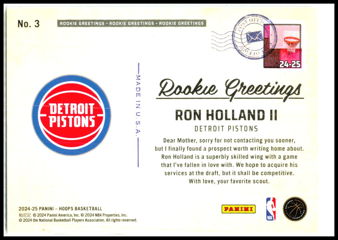 2024-25 Hoops Rookie Greetings #3 Ron Holland II Detroit Pistons