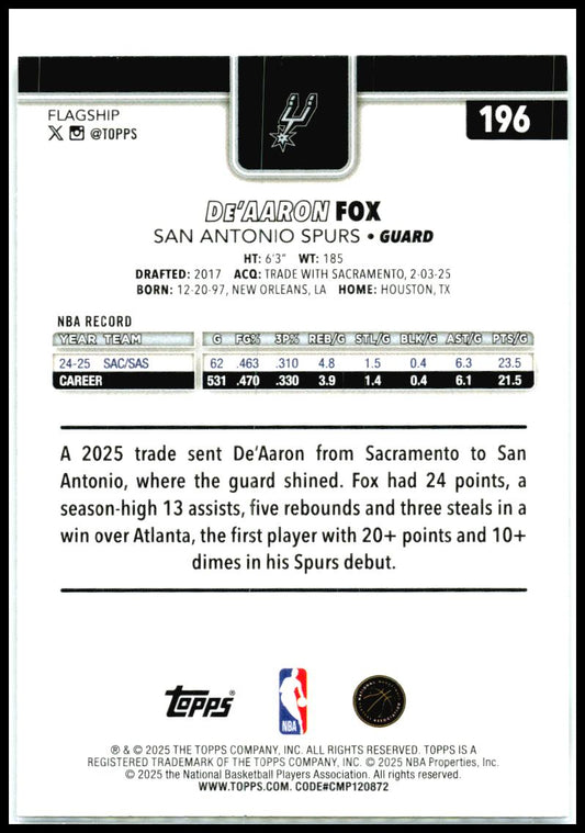2025-26 Topps Victory SSP #196 De'Aaron Fox San Antonio Spurs
